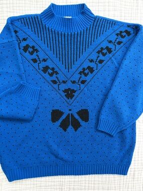 Vintage Classic Essentials Blue Graphic Mock Neck Sweater Women’s XL Made USA